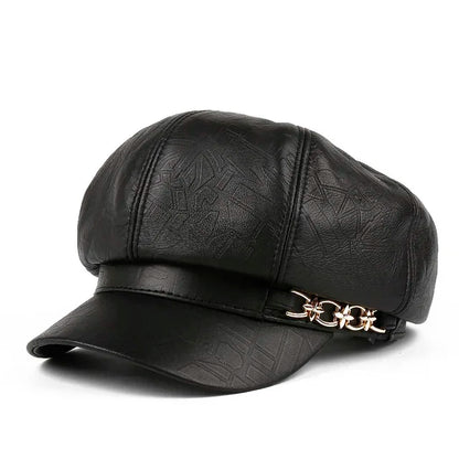 Harajuku Women Spring Octagonal Hat Female British Retro Genuine Leather Beret Caps