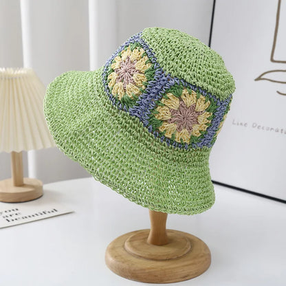 New Foldable Straw Crochet Flower Hat Women's