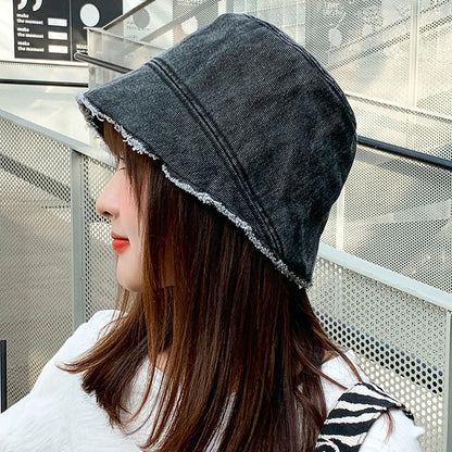 Retro Solid Color Denim Bucket Hat For Women