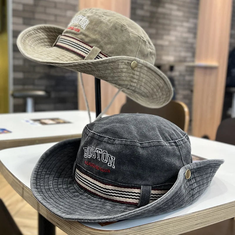 Summer Men Bucket Hat Outdoor WQashed Cotton Wide Brim Panama Safari Hunting Hiking Hat