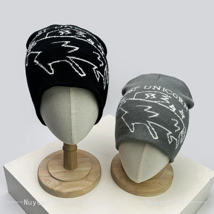 New Men Women Korean Jacquard Unicorn Letters Knitted Hats