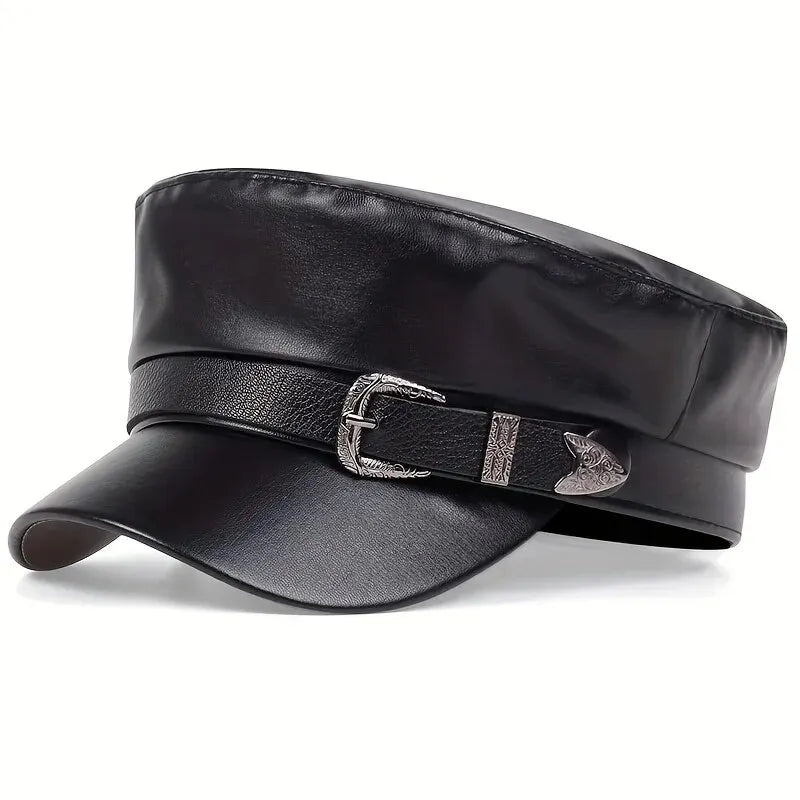 Fashion Women Large Belt Buckle Leather Hat Spring Autumn Sailor Hats Black Ladies Beret Caps