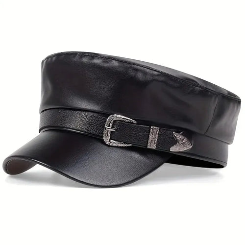Fashion Women Large Belt Buckle Leather Hat Spring Autumn Sailor Hats Black Ladies Beret Caps