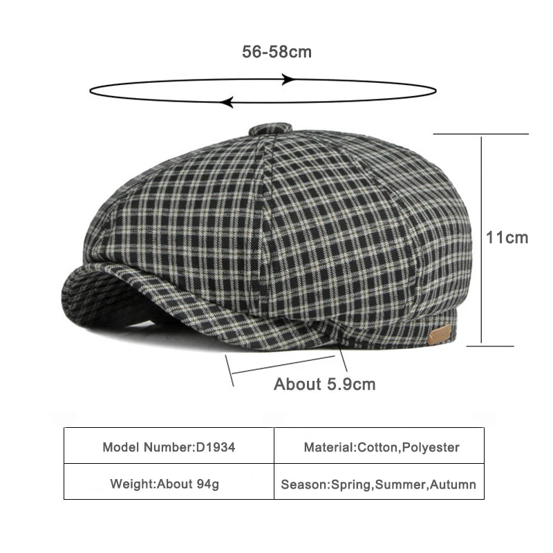 Spring Summer Octagonal Hat Men Women Little Plaid Eight-Blade Painters Newsboy Cap