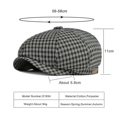 Spring Summer Octagonal Hat Men Women Little Plaid Eight-Blade Painters Newsboy Cap
