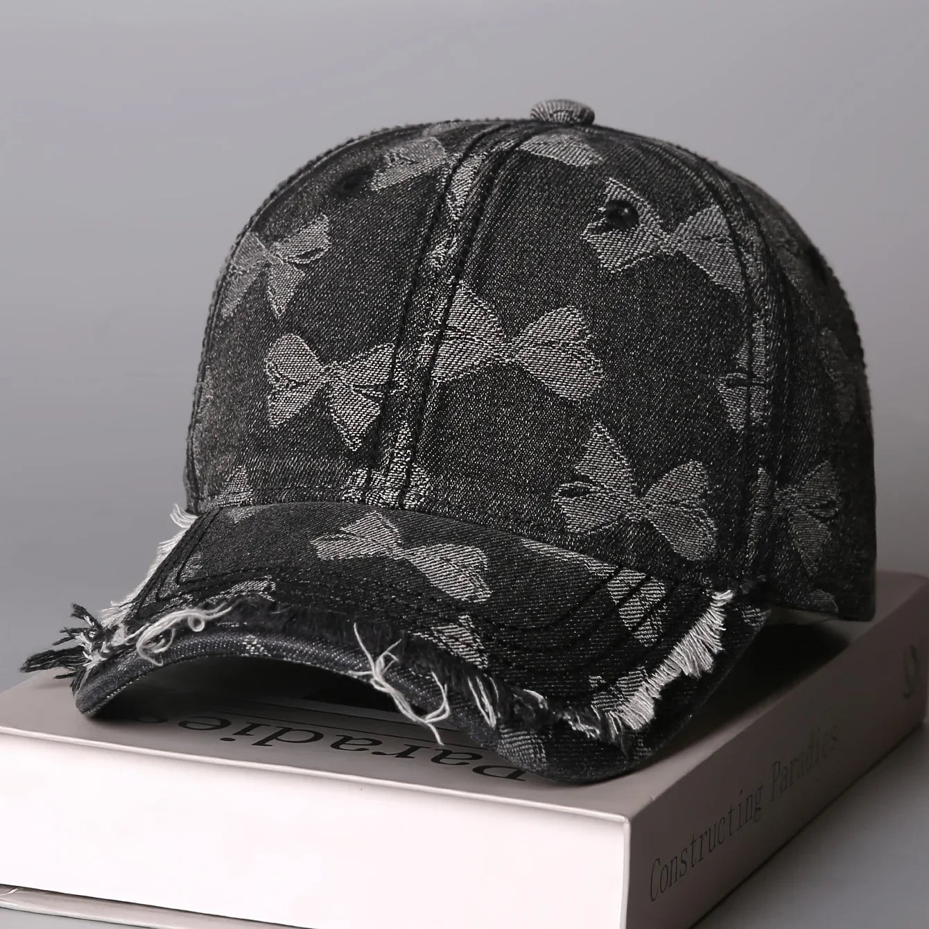 Retro Butterfly Jacquard Distressed Frayed Soft-Top Baseball Cap