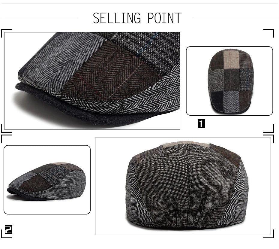 New Vintage Wool Patchwork Beret Men Autumn Winter Warm Newsboy Hat