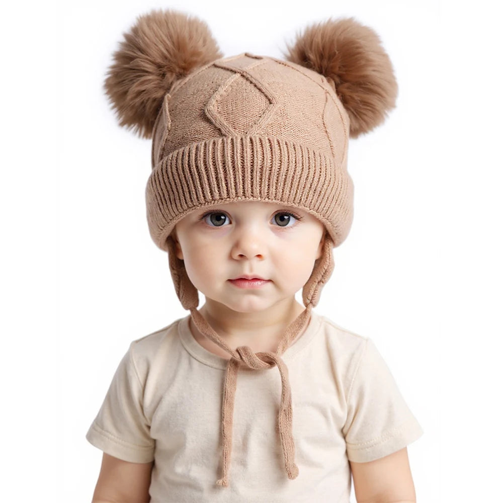 New Autumn Winter Double Ball Knitted Baby Hat For Girls Boys Baby, Ear Protection Hat