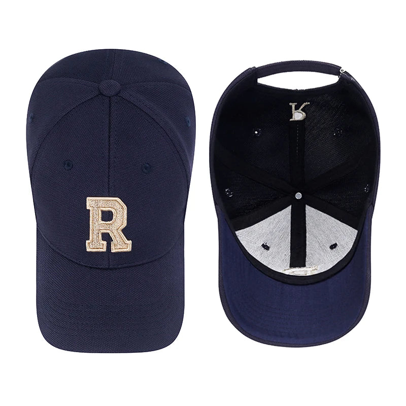 New High Quality R Letter  Gold Thread 3D Embroidery Adjustable Elastic Pineapple Cloth Baseball Cap Sun Hat