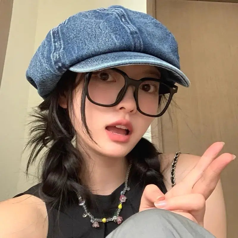 Women Retro Big Washed Cotton Denim Beret Head Painter Hat