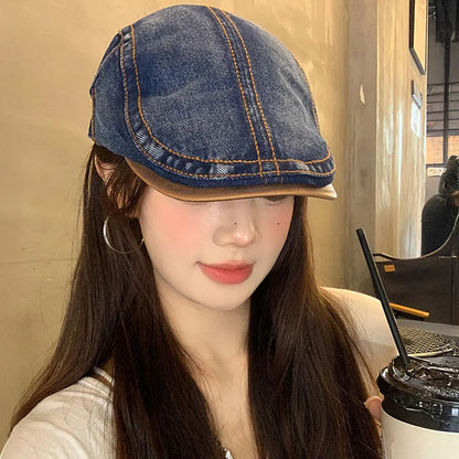 Vintage Washed Denim Gatsby Cap Ivy Flat Forwards Hat