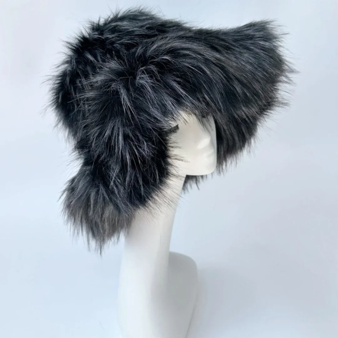 Luxury Fluffy Women Faux Fur Bucket Hats Oversized 17cm Wide Brim