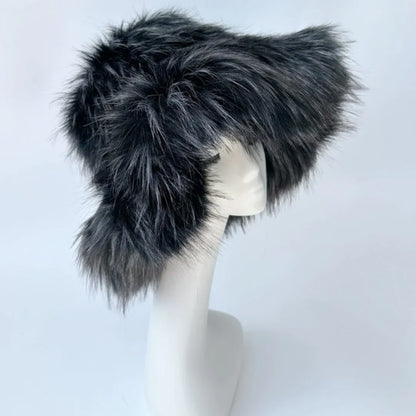 Luxury Fluffy Women Faux Fur Bucket Hats Oversized 17cm Wide Brim