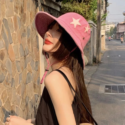 Pink Star Print Western Bucket Hat for Women