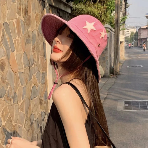 Pink Star Print Western Bucket Hat for Women