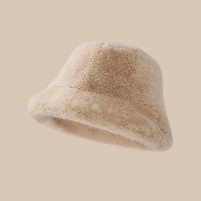 Winter Windproof Warm Women's Fashion Solid Color Plush Hat Bucket Cap Fluffy Fisherman's Hat
