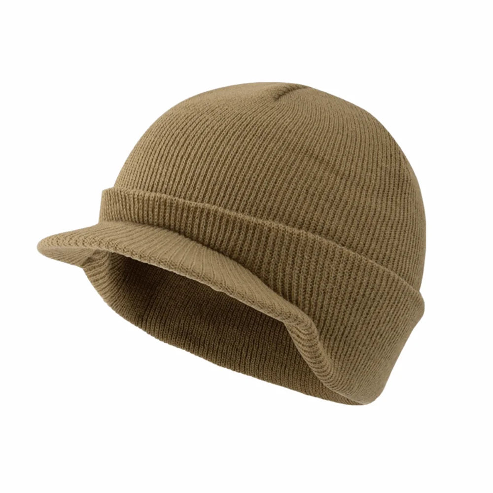 Solid Color Short Brim Beanie Cap Therma Soft Add Plush Lined Hat Outdoor