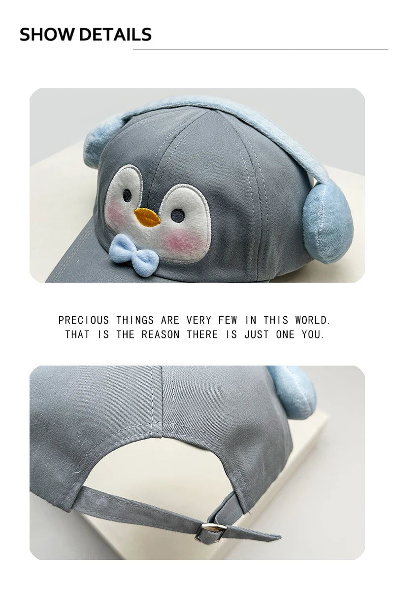 Korean Style Women Cartoon Cat Bear Ears Baseball Cap Plaid Sunshade Wing Versatile Penguin Peaked Cap