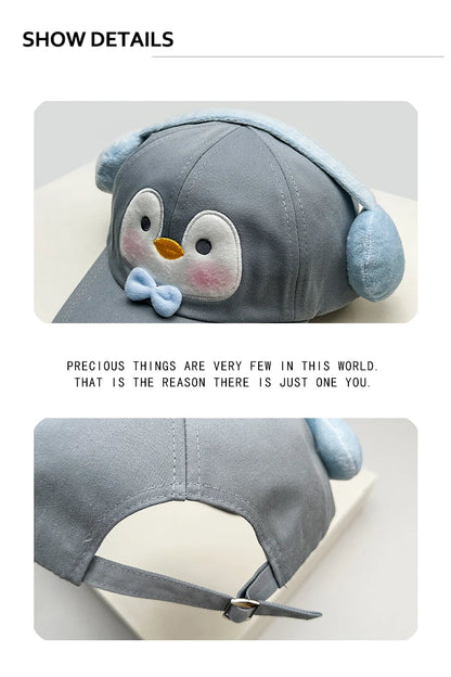 Korean Style Women Cartoon Cat Bear Ears Baseball Cap Plaid Sunshade Wing Versatile Penguin Peaked Cap