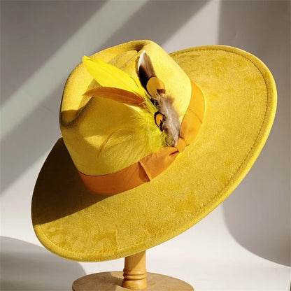 Yellow Bow Feather Suede Top Hat Wide Brim Fedora Hat