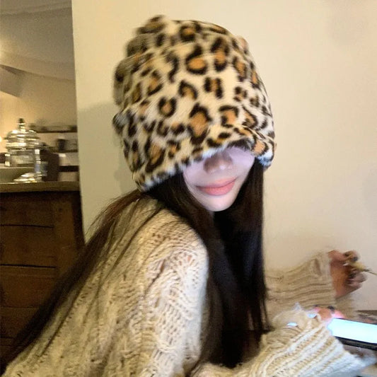 New Trendy Leopard Print Retro Y2K Plush Pullover Hat