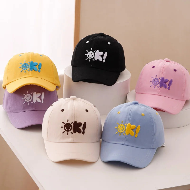 Simple Painting Style Sun Pattern Combined With Three Dimensional OK! Letter Embroidered Baseball Cap