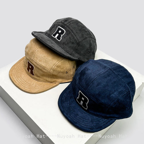 New Korean Patch R Letter Baseball Hats Flat Eave Versatile Suede Peaked Caps Niche Fashion Retro Simple