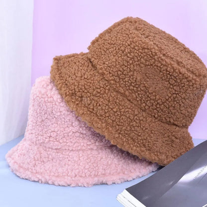Winter Lamb Wool Soft Warm Bucket Hat Sun Cap Panama Hat Fisherman Cap