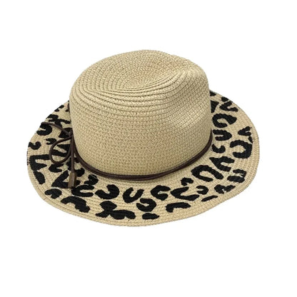 Leopard Print Foldable Straw Hat Women Summer Wide Brim Sun Hat