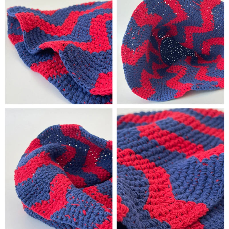 Korean Retro Contrasting Color Wide Wavy Knitted Bucket Hats