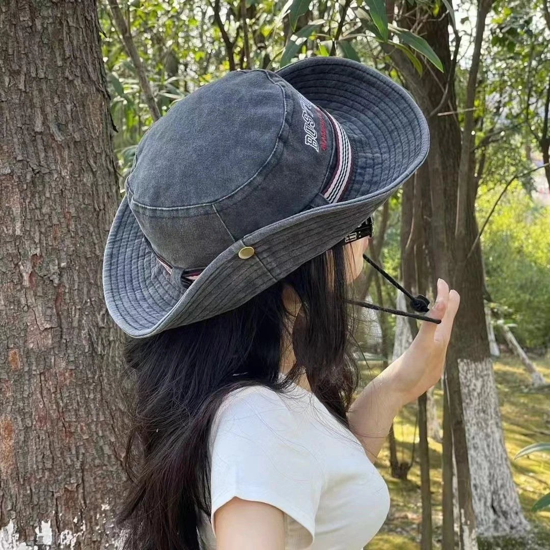 Washed Denim Bucket Hat Boston Embroidery Wide Brim Sun Hat