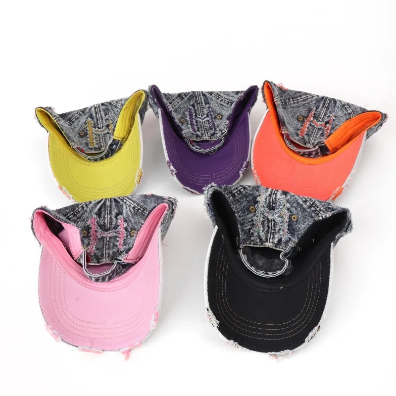 Retro Washed Denim Ripped Color Baseball Cap