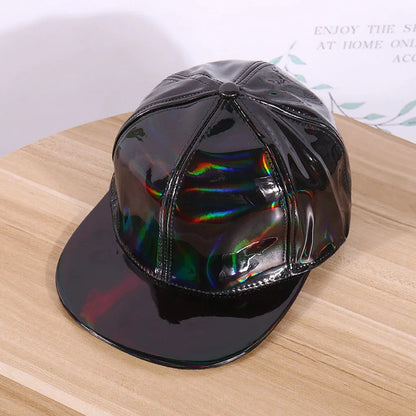 Adjustable Shiny Hat Breathable Holographic Pu Leather Baseball Cap