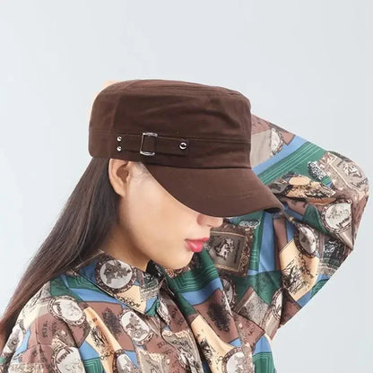 Army Cap Men Women Pure Color Washed Cotton Flat Top Cap Outdoor