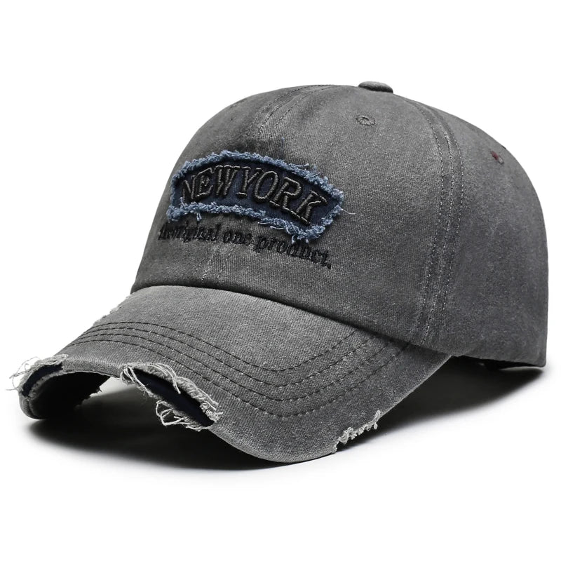Vintage Distressed Hole Embroidery Letter Denim Baseball Cap