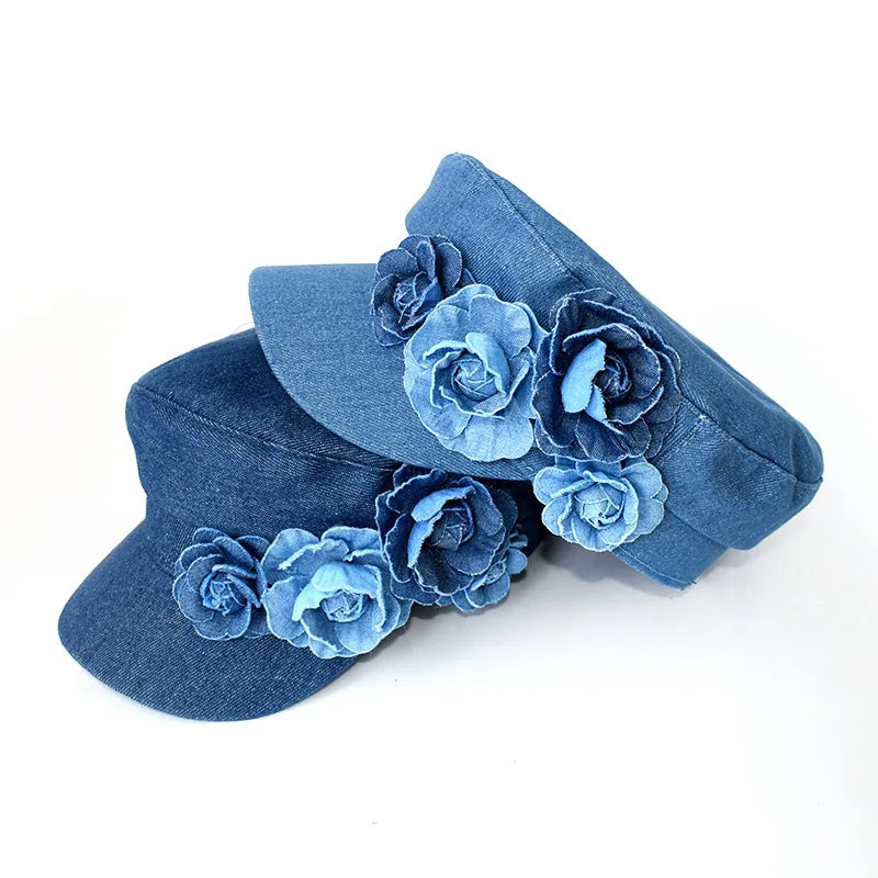 Denim Beret Three-Dimensional Flower Sun Hat