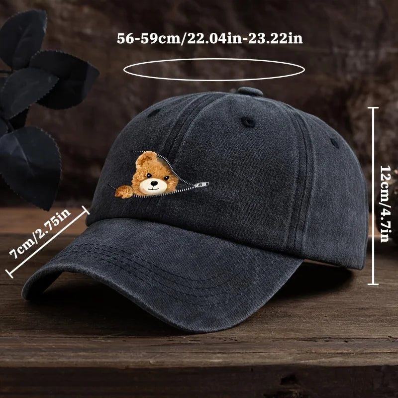 Zippered Bear Print Baseball Cap, Outdoor Sun Protection Cap Machine Washable Baseball Cap