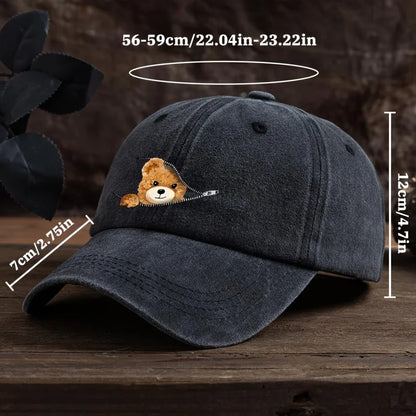 Zippered Bear Print Baseball Cap, Outdoor Sun Protection Cap Machine Washable Baseball Cap