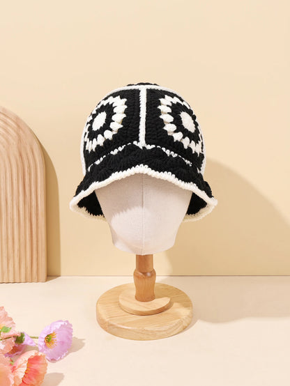 1PC Handmade Crochet Vintage Bucket Hat - Geometric Patch Super Soft and Warm