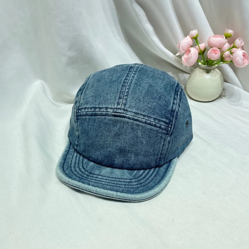 Retro Short-Brimmed Washed And Distressed Denim Baseball Cap