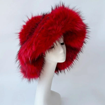 Luxury Fluffy Women Faux Fur Bucket Hats Oversized 17cm Wide Brim