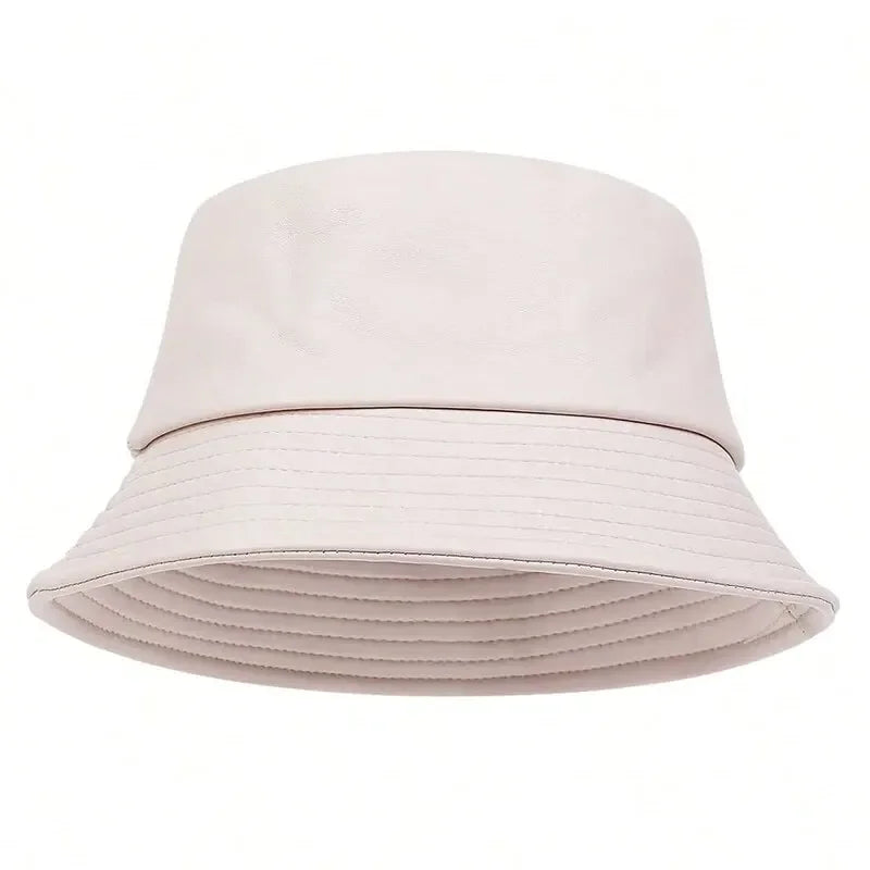 Unisex Solid Color Personality Pu Leather Bucket Hats Fishermen Caps Outdoor