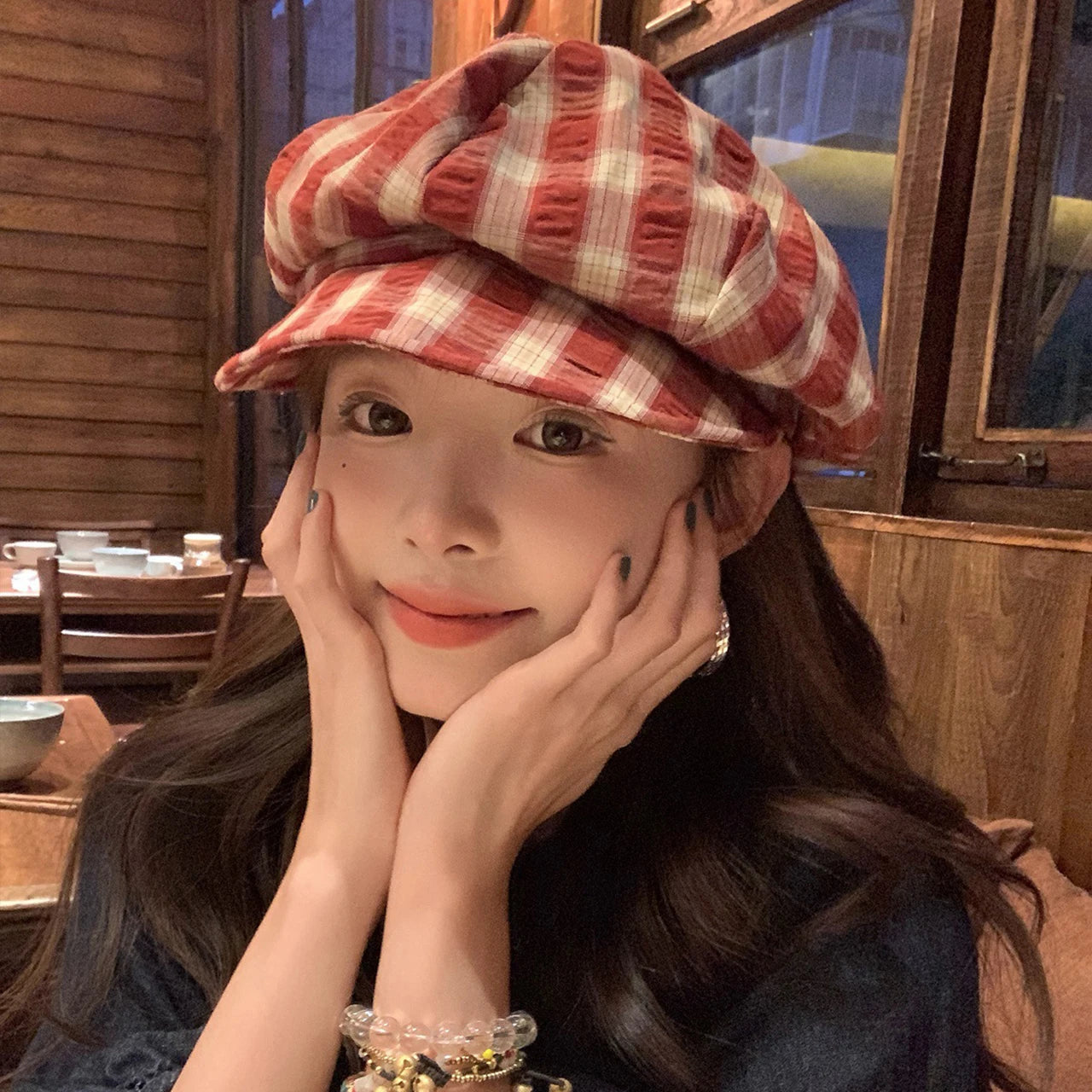 Fashion Plaid Beret Hat Girls Retro Octagonal Hat