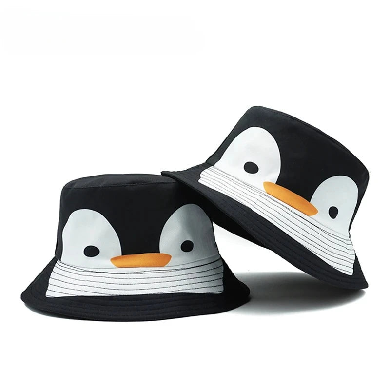 Bucket Hat Cartoon Penguin Pattern Print Fisherman Hats Fashion Design Double Sides
