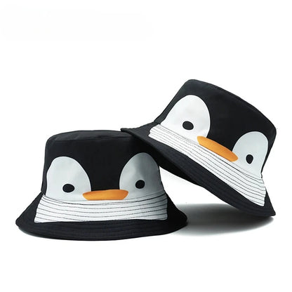Bucket Hat Cartoon Penguin Pattern Print Fisherman Hats Fashion Design Double Sides