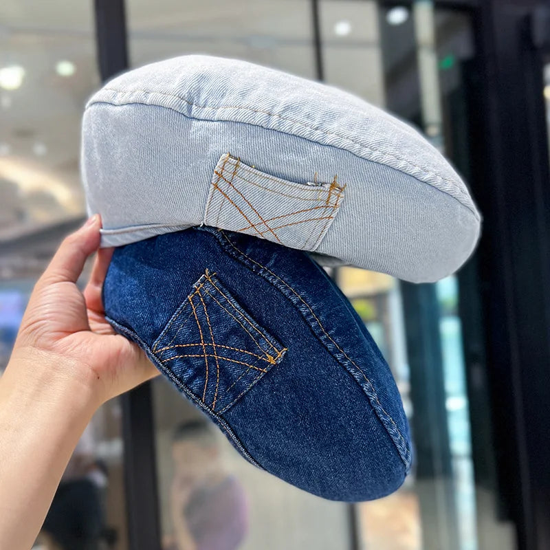 Retro Denim Beret Cap For Women Spring Summer