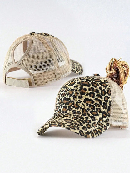 Leopard Print High Ponytail Baseball Cap Curved Brim Fedora Style Hat