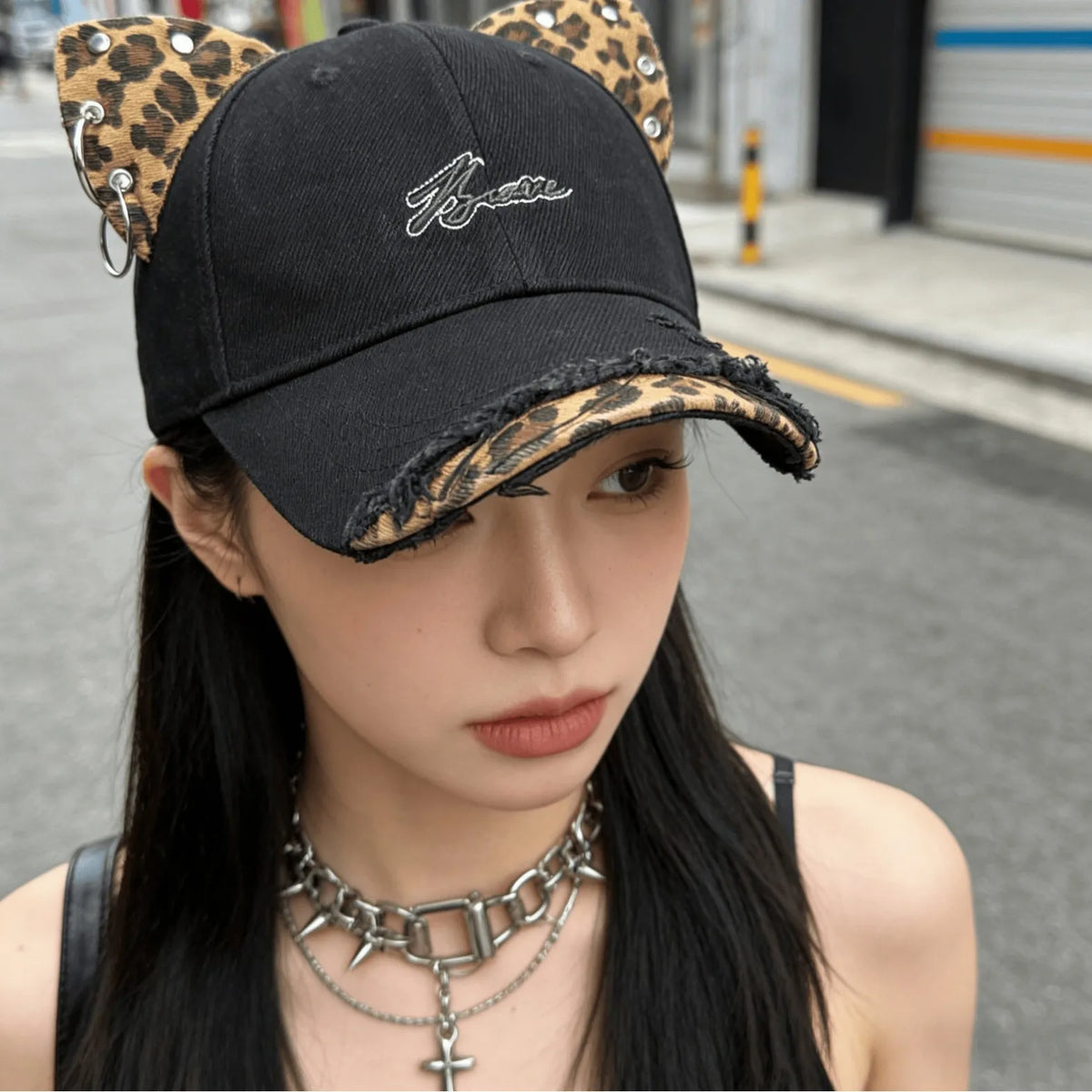 Y2K Cat Ear Rivet Leopard Baseball Hats
