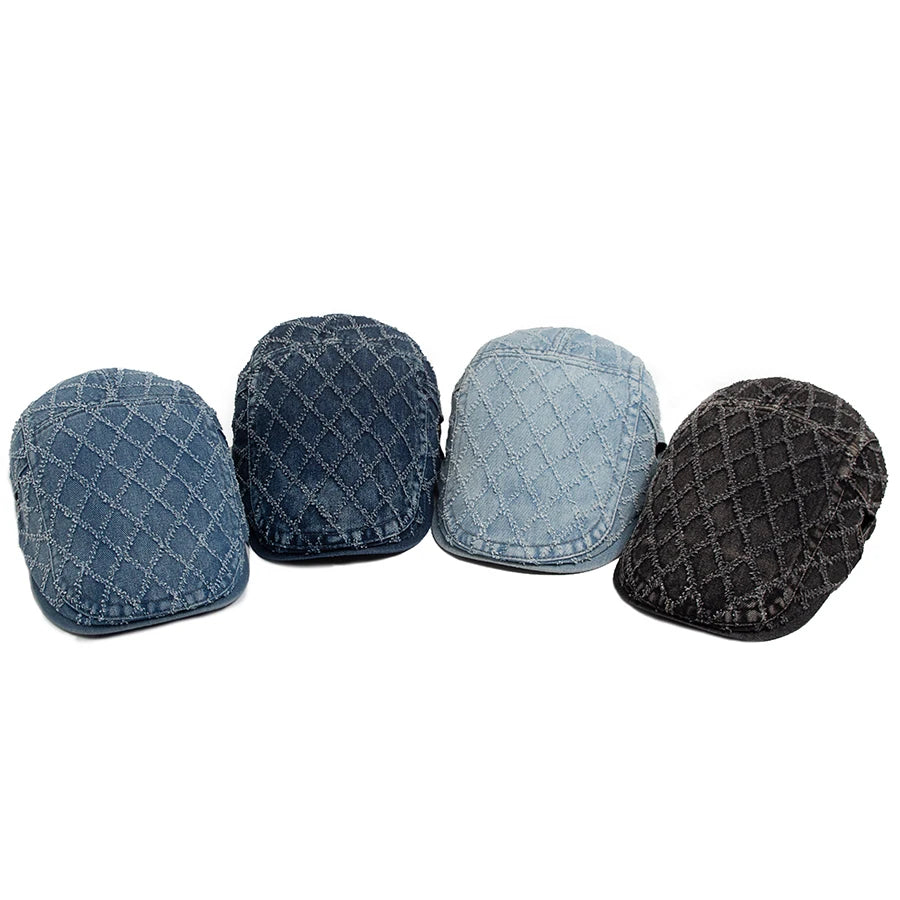 Denim Plaid Vintage Men Berets Washed Cotton Women's Beret Retro