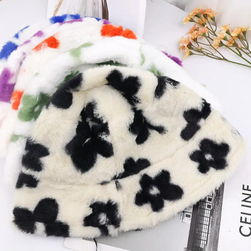 New Floral Plush Bucket Hat Women Fur Fisherman Cap